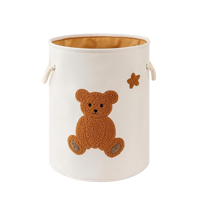Kids Laundry Basket Nursery Hamper Baby Laundry Basket Stuffed Animal Toys Storage Baskets for Toddler Room Decor, Dirty Clothes Hampers with Drawstring Closure for Bedroom/Living Room/Nursery, Bear