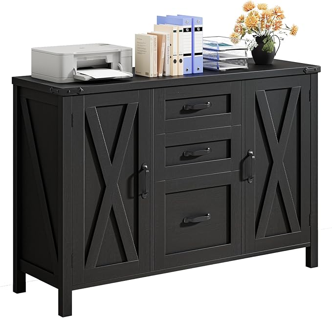 3 Drawer File Cabinet, Farmhouse Lateral Filing Cabinet with Doors Fits Letter or A4 Size, Wooden Printer Stand with Open Storage Adjustable Shelf for Home Office, Rustic Black