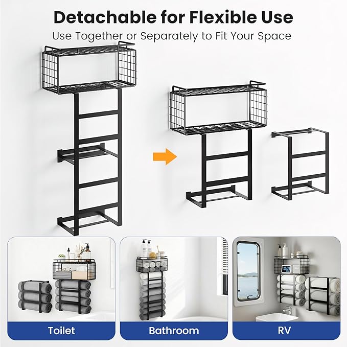 Towel Racks for Bathroom Wall Mounted, 4-Tier Bathroom Towel Rack with Shelf and Basket, Hold 6 Large Rolled Towels, 32-Inch Heavy Duty Towel Storage for Bathroom, RV, Black
