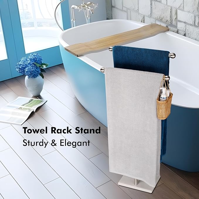 Standing Towel Rack Double-T Shape Tall Bath Towel Sheet Holder with Marble Design Base for Bathroom 2 Tier Towel Holder Stand Stainless Steel (Brushed Nickel)