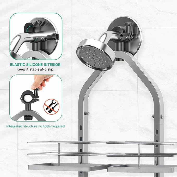 Shower Caddy Hanging for Handheld Showerheads Adjustable Height Extra Long Bathroom Storage Organizer Hanger Rack Rustproof Hose Shower Organizer 4 Levels Height Shower Rack (Sliver)