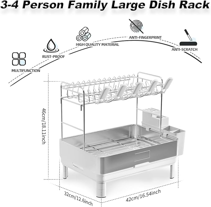 Ewaiira Dish Drying Rack, 304 Stainless Steel Dish Racks for Kitchen Counter, Dish Drainers with Automatic Drainage, Utensil Holder & Cups Holder, Space Saving Kitchen Organizer (2-Tier White)
