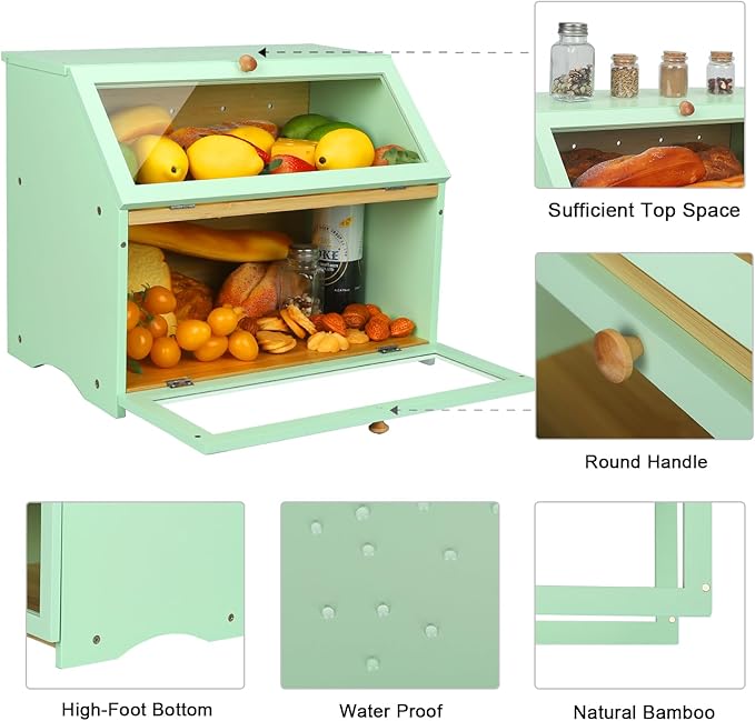 HOMEKOKO Double Layer Large Bread Box for Kitchen Counter, Wooden Large Capacity Bread Storage Bin (Mint Green)