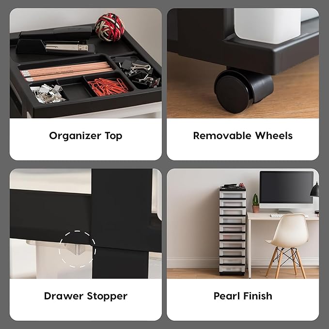 IRIS USA Plastic Drawer Storage Organizer Rolling Cart, 2-Pack, with Wheels Casters, 10-Drawers, for Classroom Art Craft Supplies Dresser Closet Bathroom Laundry Room, Black/Pearl