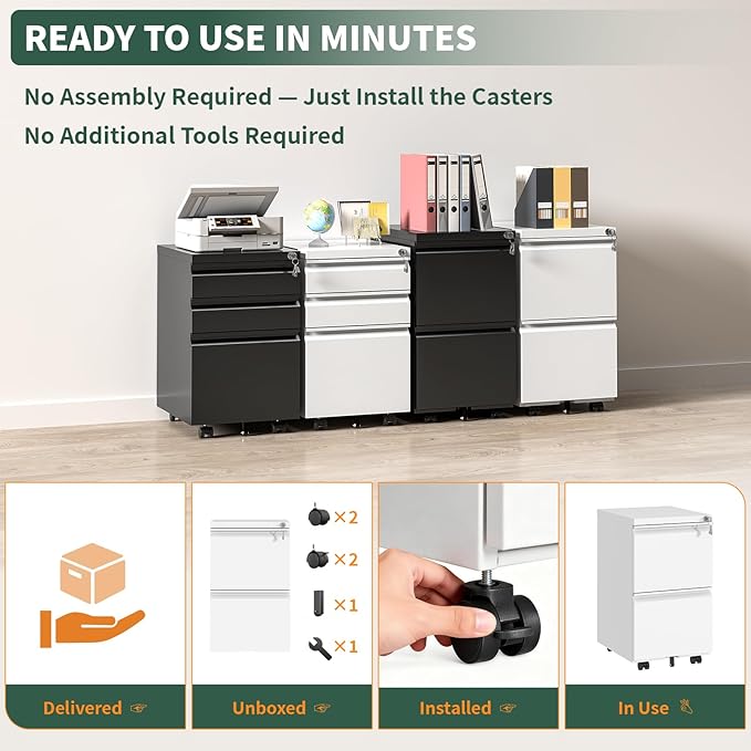 2 Drawer File Cabinet with Lock,Under Desk Rolling Small Filing Cabinet for Home Office Storage, Mobile Steel Cabinets with Wheels, Fully Assembled, White