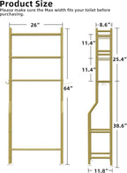 3-Tier Over The Toilet Storage, Freestanding Metal Bathroom Shelves with 4 Hooks, Over Toilet Storage Shelf with Paper Holder, Above The Toilet Shelf for Bathroom Storage, Gold