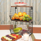 Fruit Bowl, Stackable Wall Mounted Fruit Basket of Smooth Wood Lid with 4 Banana Hanger Hooks, Metal Kitchen Counter Organizer for Snack, Fruit and Vegetable Storage, 11.8 * 7.9 * 8.5 Inches