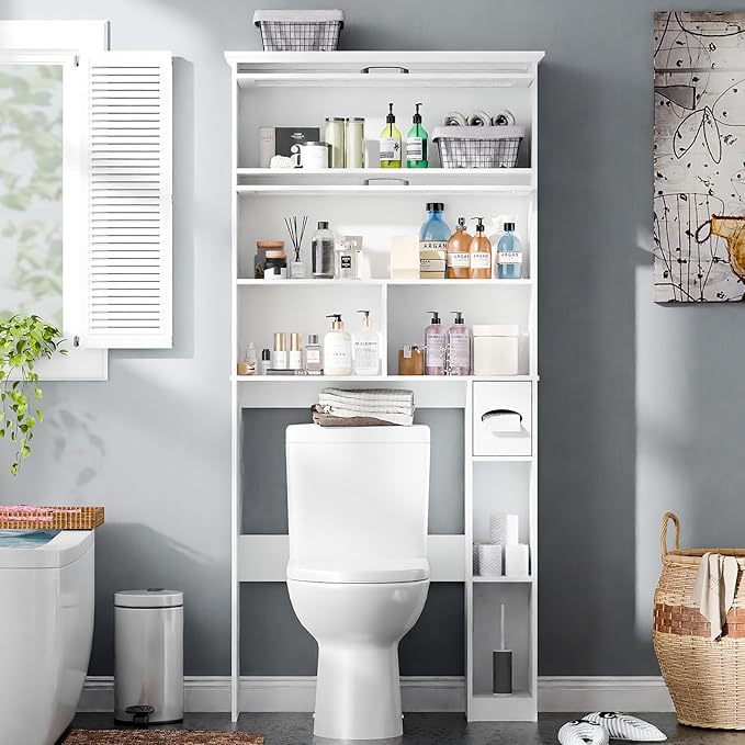 Vabches Over The Toilet Storage Cabinet with Transparent Door, Toilet Paper Storage Cabinet with Multi Layer Shelves Suitable for Bathroom, Laundry Room, Freestanding Bathroom Storage Rack, White