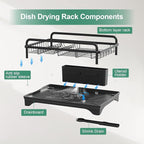 Dish Drying Rack for Kitchen Counter, Large Dish Drying Rack with Utensil Holder & Cutlery Tray, Dish Drainer with Drainboard, Black
