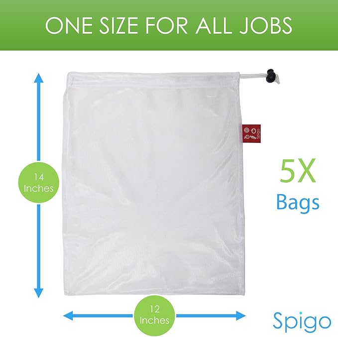 MESH PRODUCE BAGS Reusable and Washable with Color Coded Tags, Ideal for Grocery Shopping, Making Nut Milk, Washing and Storing Fruits and Vegetables, 5 Count, 12x14 Inches