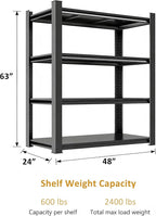 48" W x 24" D Garage Shelving Heavy Duty Unit, 4-Tier Adjustable Metal Storage Shelves, 2400 lbs Industrial Shelf Stand Organizer for Garage, Basement, Warehouse, Pantry, Kitchen, Black, 63" H