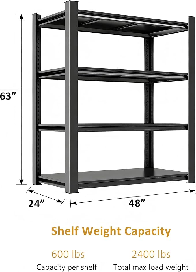 48" W x 24" D Garage Shelving Heavy Duty Unit, 4-Tier Adjustable Metal Storage Shelves, 2400 lbs Industrial Shelf Stand Organizer for Garage, Basement, Warehouse, Pantry, Kitchen, Black, 63" H
