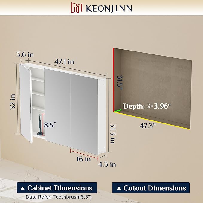 Keonjinn 48 x 32 Inch Oversized Medicine Cabinet for Bathroom with Mirror, Assembly Required, Black Aluminum Structure, Free Adjustable Shelves, Combined Recessed or Surface Mount Wall Cabinet