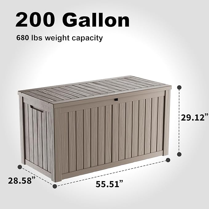 200 Gallon Waterproof Outdoor Storage Box, UV Resistant Resin Deck Box with Hydraulic Rod for Reinforced Stability, Perfect for Patio, Garden, and Pool, Grey