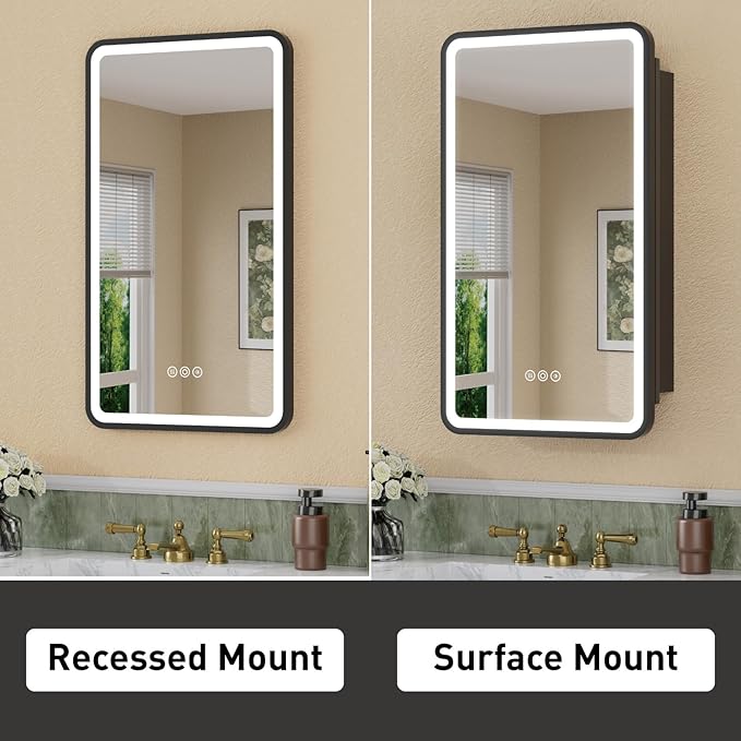16 x 28 Inch LED Medicine Cabinet with Mirror, UL Certified Dimmable Lighted Bathroom Mirror Cabinet, Anti-Fog & Memory Function, 3 Color Modes, Recessed or Wall Mounted, Adjustable Shelf, Black