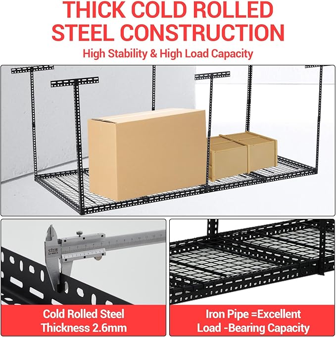 Garage Storage Rack 4x8 ft Overhead Ceiling Mounted Storage Racks Adjustable Garage Storage Organization of Heavy Duty Metal 600Lbs Weight Capacity