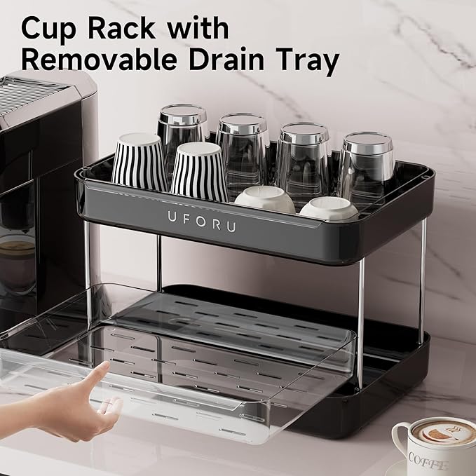Countertop Coffee Station Organizer, 2 Tier Wine Glass Holder, Mug Display Shelf with Removable Drain Tray, Spice & condiment Rack for Kitchen, Bathroom Countertop Organizer, Black