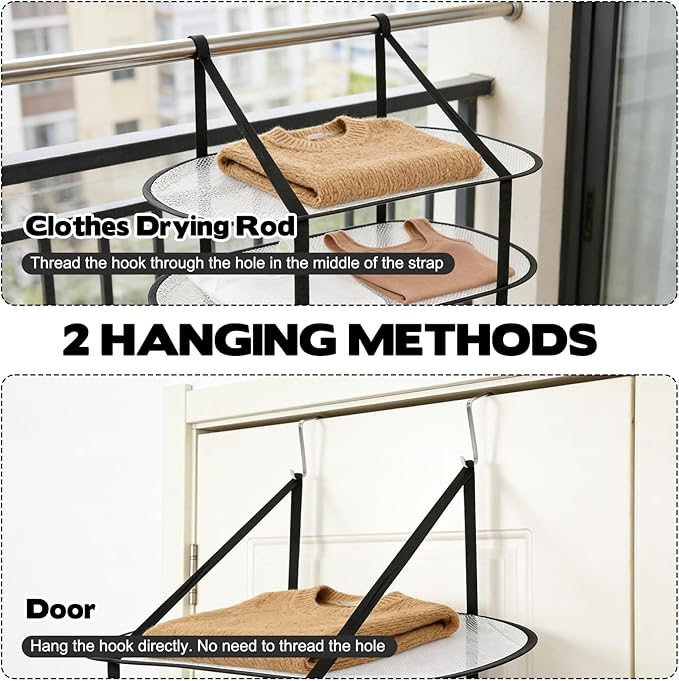 2 Pcs Flat Over The Door Folding Drying Rack, 3 Tier Black Large Laundry Hanging Dryer Sweater Drying Rack Mesh Clothes Hanging Fold Flat Dry Hanger for Small Spaces, Apartments, Dorms, Bathrooms