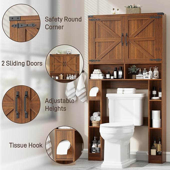 Vabches Over The Toilet Storage Cabinet, Farmhouse Storage Cabinet Over Toilet with 2 Barn Doors ，Toilet Paper Holder Stand，Home Space-Saving Toilet Rack, for Laundry, Restroom, Bathroom.Caramel.