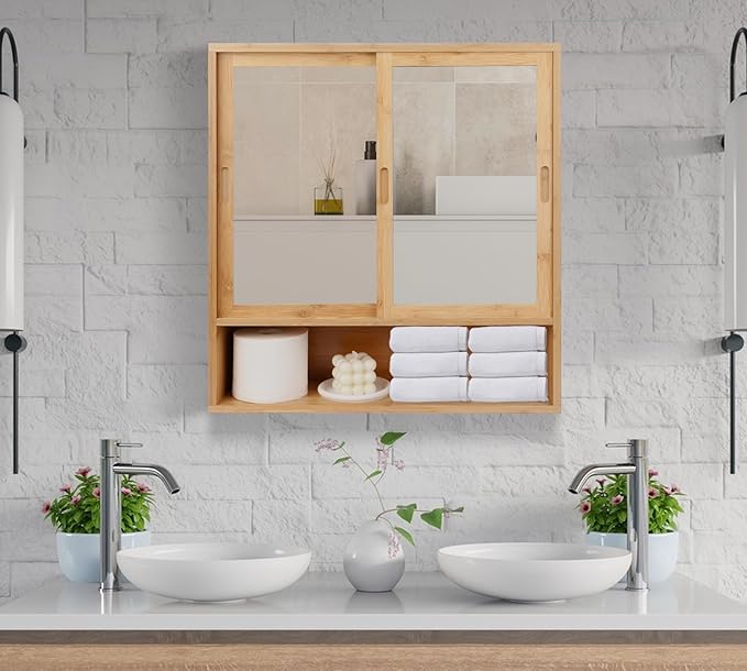 ZYBT Bamboo Bathroom Cabinet,Mirrored Medicine Cabinets,Bathroom Cabinet Wall Mounted with Storage,Medicine Cabinets with Mirror,Over The Toilet Storage with 2 Sliding Doors
