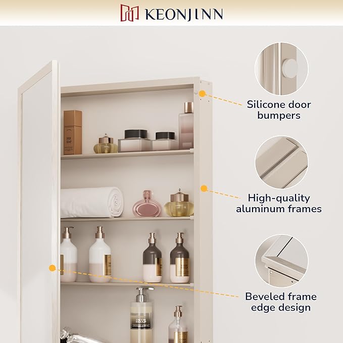 Keonjinn Medicine Cabinet Mirror 20" x 26", Assembly Needed, Brushed Nickel Bathroom Medicine Cabinet with Mirror, Beveled Framed, Surface Wall-Mounted or Recessed, Shelves Adjustable