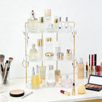 3-Tier Corner Bathroom Organizer Countertop with Hooks, Bathroom Sink Corner Vanity Storage for Makeup, Skincare and Perfume (White Gold)