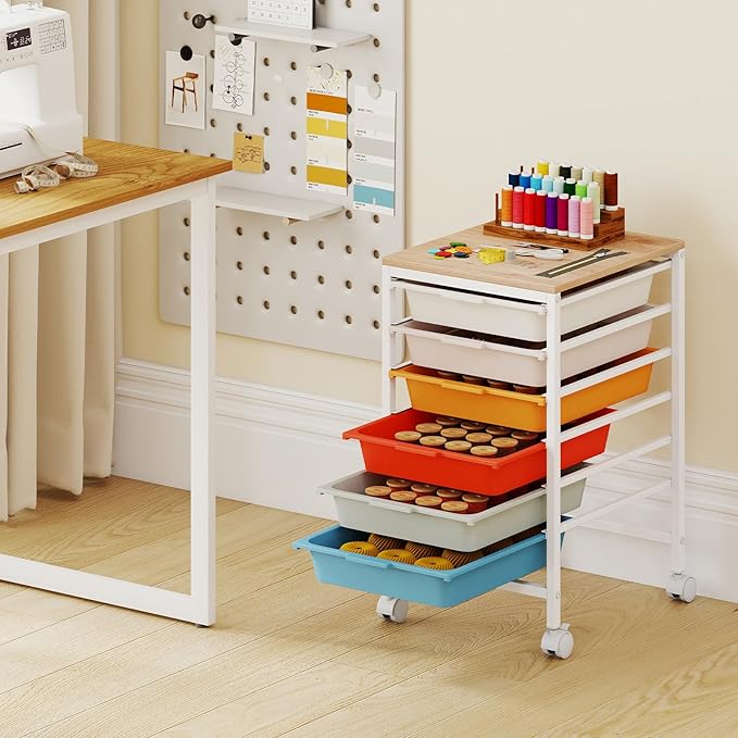 GOFLAME 6-Drawer Rolling Storage Cart, Craft Storage Cart with Wooden Tabletop and Lockable Wheels, Art Cart Supply Storage Organizer with Metal Frame for Home Office Classroom, Macaron Color