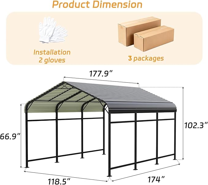 Patiowell 10x15 FT Metal Carport, Heavy Duty Outdoor Carport with Reinforced Frame and Galvanized Steel Roof, All-Weather Car Port Shelter for Car, Truck, Boat and Tractor, Black