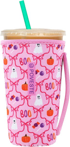 Reusable Neoprene Insulator Sleeve for Iced Coffee & Cold Soda, Coffee Sleeves for Iced & Hot Drinks, Cold Beverage Cooler Compatible with Starbucks, Dunkin (Bow Halloween, Large: 32oz)
