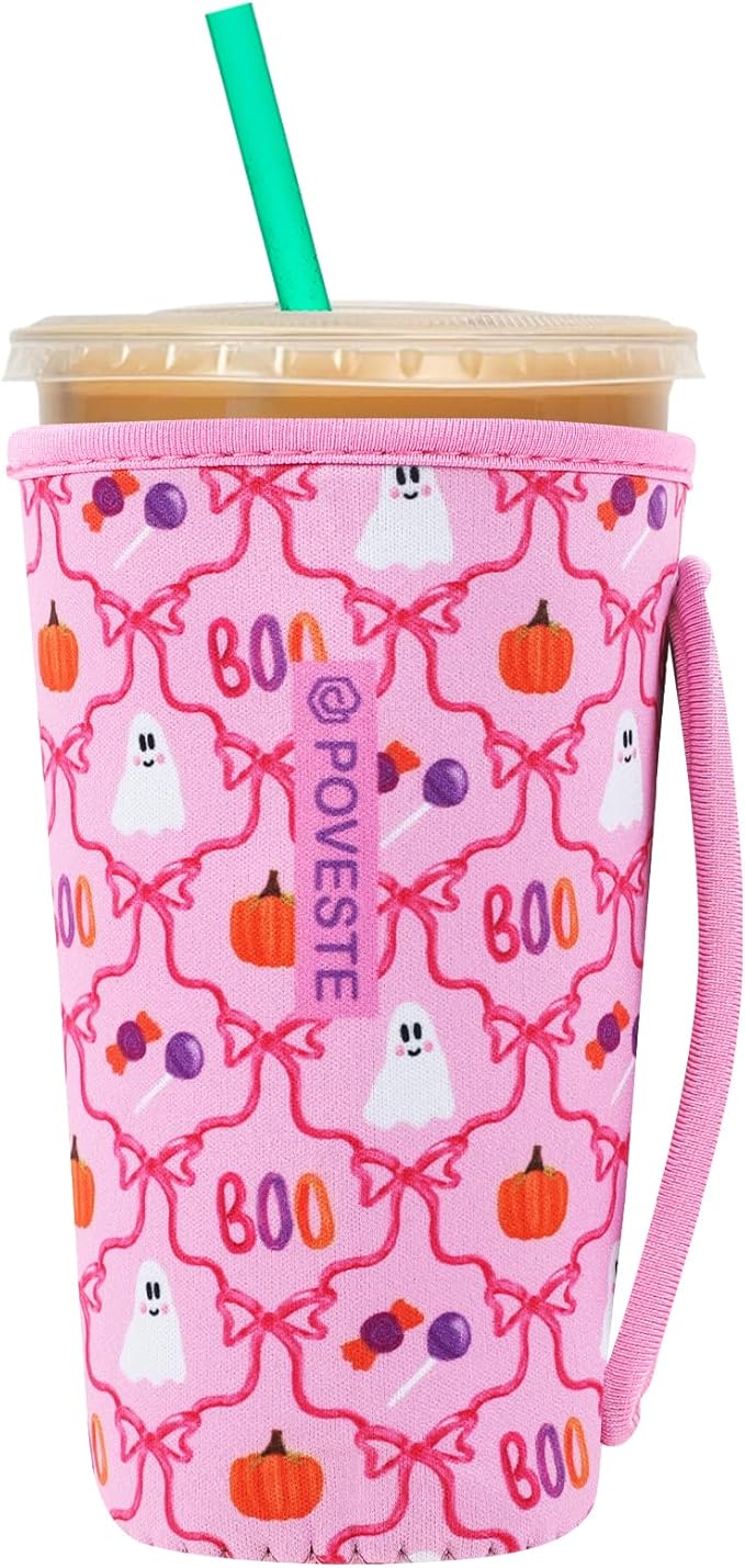 Reusable Neoprene Insulator Sleeve for Iced Coffee & Cold Soda, Coffee Sleeves for Iced & Hot Drinks, Cold Beverage Cooler Compatible with Starbucks, Dunkin (Bow Halloween, Large: 32oz)