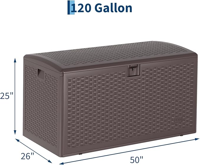 Garvee 120 Gallon Waterproof Large Resin Deck Box Indoor Outdoor, Lockable Storage Container for Patio Furniture Tools, Waterproof Deck Box with Hydraulic Rod Patio Storage Bin for Pool Garden, Brown
