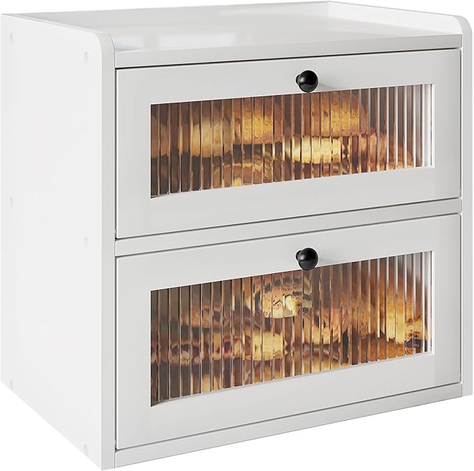 Double Layer Large Bread Box for Kitchen Counter, Wooden Corner Bread Storage Container with Acrylic Window, White