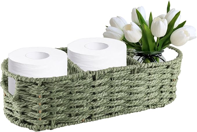 Over the Toilet Paper Organizer,Woven Wicker Storage Basket with Handle for Toilet Tank Top,3-Compartment Rope Toilets Paper Tray Organizer for Bedroom Living Room,Bathroom Toilets Roll Holder