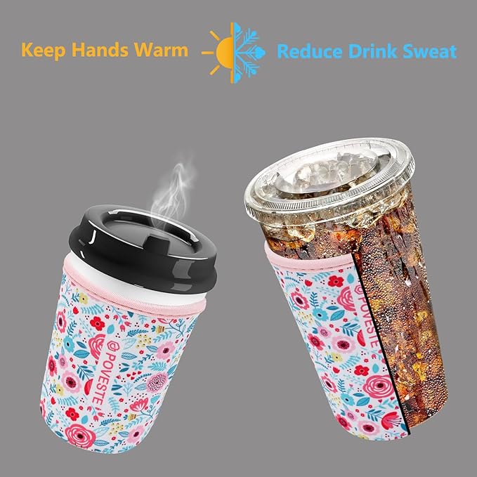 Reusable Neoprene Insulator Sleeve for Iced Coffee & Cold Soda, Coffee Sleeves for Iced & Hot Drinks, Cold Beverage Cooler Compatible with Starbucks, Dunkin (White Flower Garden, Medium: 22-24oz)