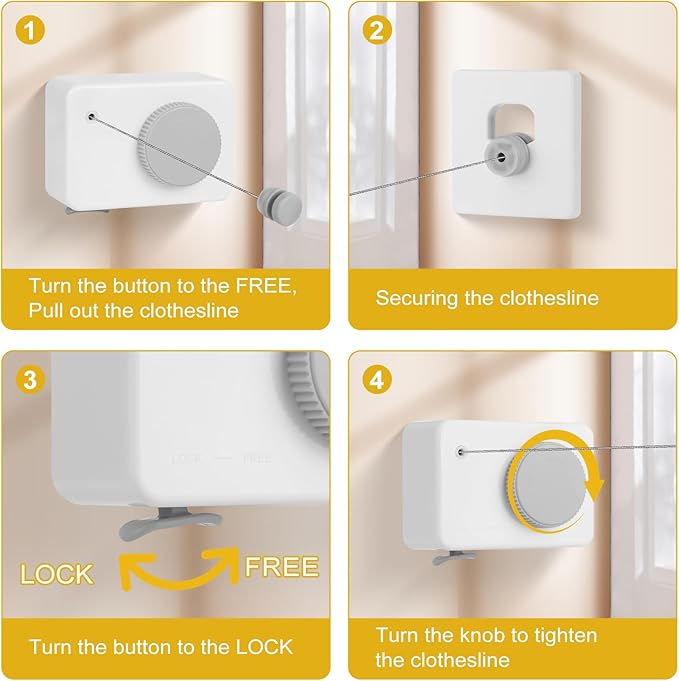 Retractable Clothesline Indoor/Outdoor, Anti-Sag for Drying Clothes Line for Indoor/Outdoor, We Equipped This 13.8 Fts Laundry line Retractable with 5 Large Clips (White-Gray)