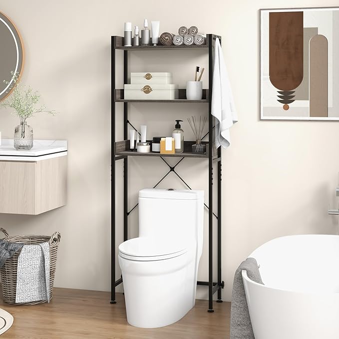 Giantex Over The Toilet Storage Shelf, 3-Tier Freestanding Space Saver Above Toilet with 4 Hooks, Adjustable Bottom Bar, Over Toilet Bathroom Organizer for Restroom, Laundry, Easy Assembly