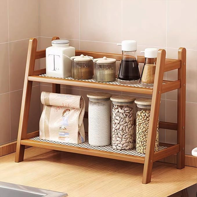 Coffee Station Organizer, Bamboo Mug Holder Countertop, Kitchen Counter Shelf for Tea Coffee Bar Accessories, Matcha Stand, Cup Display, Condiment Storage Rack, 2 Tier, Brown