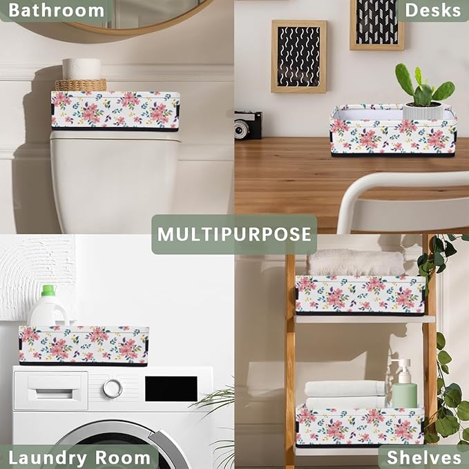 Toilet Tank Topper Paper Basket with Handle, Floral Pattern Foldable Bathroom Storage Basket for Organizing, Small Fabric Storage Bins for Bathroom Decor