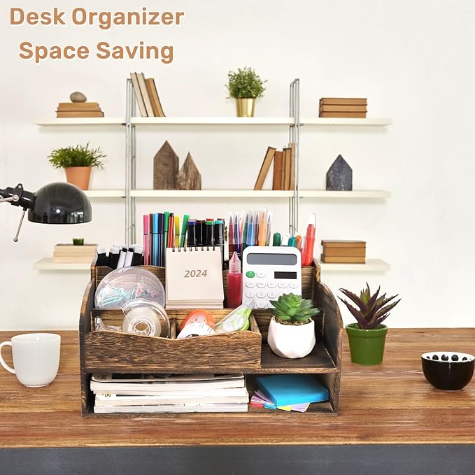 Wood Desk Organizer with File Organizer, Vintage Pen Pencil Holder with 9 Compartments, Rustic Makeup Storage Display Case Countertop, Art Supplies Organizers for Home Office