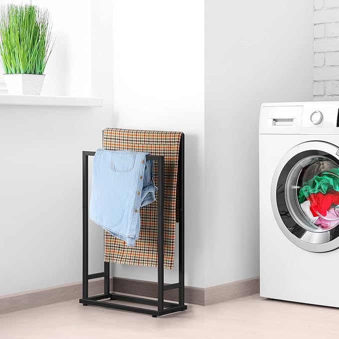 Freestanding Towel Rack 2 Tier Towel Holder Stand Small Hand Towel Drying Rack Black Towel Blanket Racks for Bathroom Laundry Room Bedroom Pool (Matte Black)