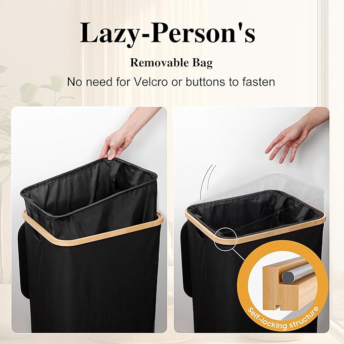 Large Laundry Hamper, 75L Waterproof Laundry Basket with Lid and Removable Bag, Collapsible Tall Clothes Hamper with Bamboo Handles for Clothes Toys in Dorm Bedroom Bathroom, Black