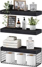 QEEIG Bathroom Shelves Over Toilet - Wall Mounted Floating Shelves Toilet Paper Storage Small Farmhouse Decor Shelf 16 inch Set of 3, Black (019-B3)