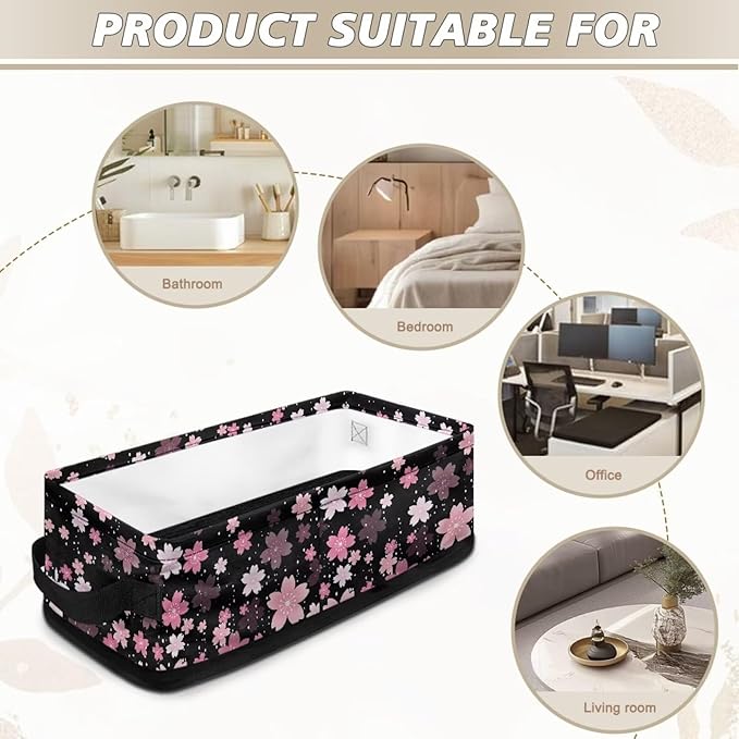 Storage Bins Collapsible Organizer Rectangular Toilet Paper Basket Lightweight Toiletries Organizer for Bathroom Kitchen Office Accessories and Decor, Pink Cherry Blossom Black