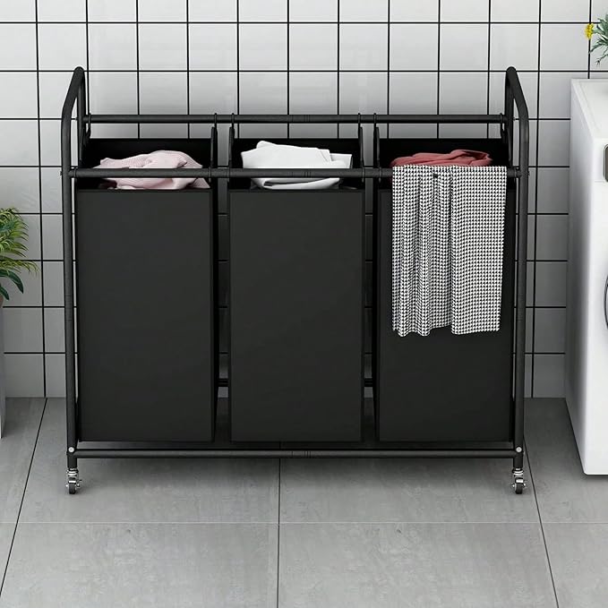 3-Bag Laundry Sorter Cart with Rolling Lockable Wheels, Removable Bags, 32.68 x 15.75 x 33.46 in, Black, Beige and Grey (Black)
