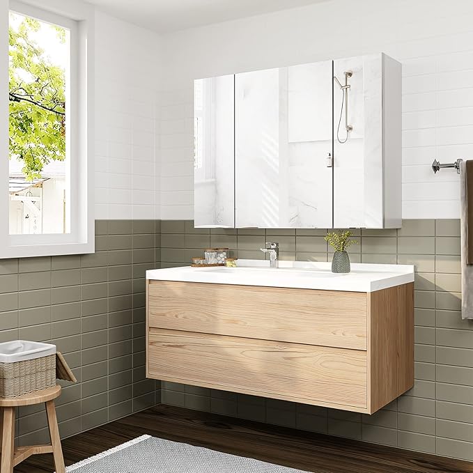 DICTAC Bathroom Medicine Cabinet with Mirrors 31.5x23.62 Inch Storage Cabinet with Mirror Wall Mounted Bathroom Mirror with Adjustable Storage Shelves and 3 Doors Mirror Medicine Cabinets for bathroom