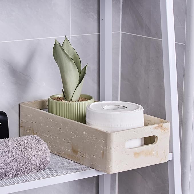 Beige Natural Travertine Textures Roll Toilet Paper Storage Basket with Handle for Bathroom Countertop, Toilet Tank Top Decorative Storage Bin, Resin Small Shelf Basket for Organizing, Heavy & Sturdy