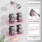 Pink 3-Tier Over Head Shower Caddy with Soap Holder & 6 Hooks - Hanging Shower Caddy for Bathroom Organizer