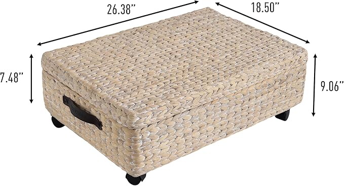 happimess BSK1006D Chett 26.38" Minimalist Hand-Woven Hyacinth/Wood Underbed Storage Bin with Wheels and Handles, White Wash/Dark Brown for Storage and Decoration in Bathroom, Bedroom, Living Room