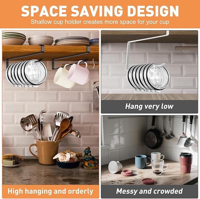 Tumbler Lid Organizer, 2 Pack Coffee Mug Holder for Yeti Tumbler Lid, Space Saving Mug Hanger Rack Holds Up to 12 Lids, Cup Holder Under Cabinet, Water Bottle Lid Holders for Kitchen Storage
