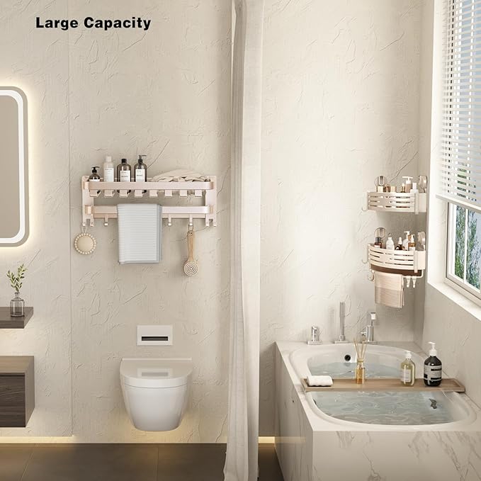VOLPONE Corner Shower Caddy Suction Cup Shower Shelf Corner No Drilling Bathroom Shower Organizer Storage Rack Adhesive with Towel Bar Hooks(1-Pack, Ivory)